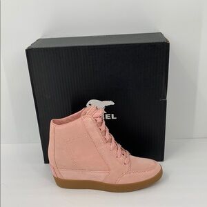 Sorel Out n About hidden wedge ankle boot sneaker pink suede platform new 9